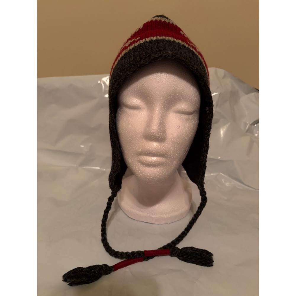 Lake of the Isles Wool Blend Knit Trapper Hat Earflap Beanie Nordic Red Grey